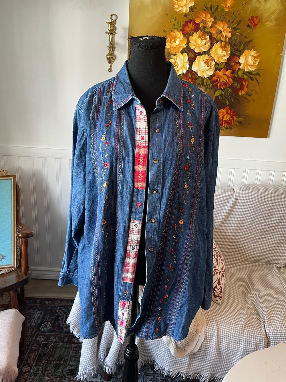 Women’s Vintage Embroidered Jean Denim Shirt Jacket XL